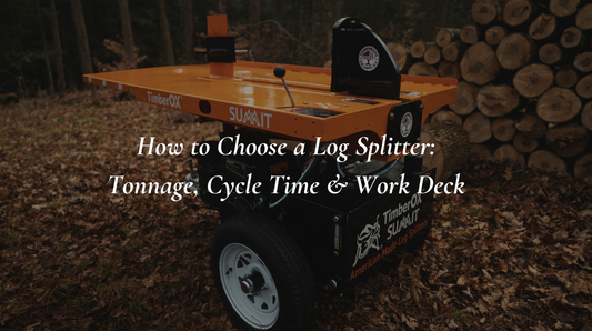 TimberOX Summit 30-ton log splitter with folding orange work deck parked beside a stacked woodpile in a forest clearing