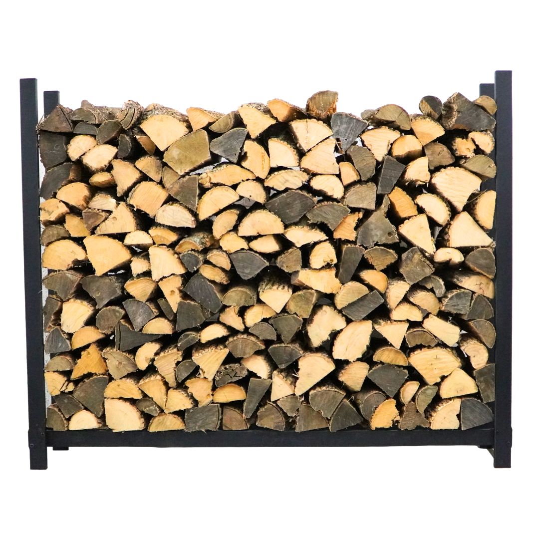 Black Woodhaven 5 ft log rack with no cover, stacked full of split firewood